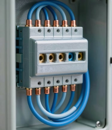 Macro photography of internal electrical wiring and copper terminals inside a compensation panel, featuring steel blue and light blue cable management, sleek and modern industrial look.
