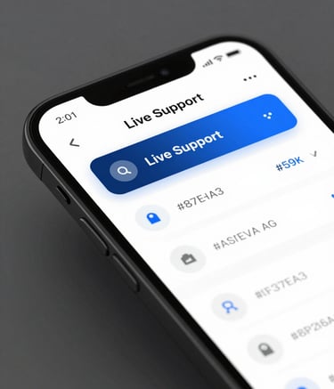 A close-up of a high-resolution smartphone screen showing a clean, user-centric financial dashboard with a 'Live Support' chat window open. The lighting is bright and professional, utilizing the brand colors #1F3A60 and #587EA3. The aesthetic is sophisticated and minimalist.