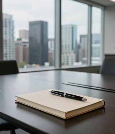 A high-end photography shot of a minimalist boardroom in a skyscraper in Vancouver, Canada. Through floor-to-ceiling windows, the city skyline is visible. On a sleek dark table, a premium beige notebook and a luxury pen sit, reflecting a serious professional atmosphere.