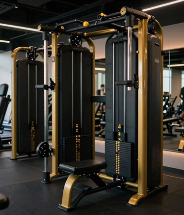Wide-angle cinematic photography of an ultra-luxury fitness club in Toronto with black and gold workout equipment. The lighting is soft and moody, emphasizing a serious and modern aesthetic for high-end athletes.
