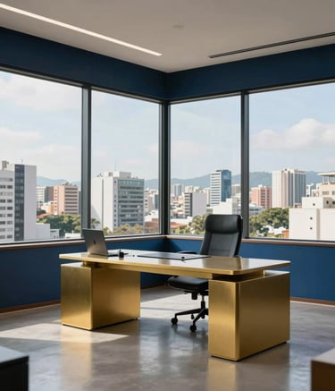 Fotografia de um interior de escritório elegante com grandes janelas de vidro com vista para o horizonte de uma cidade brasileira, móveis minimalistas com detalhes em dourado e azul aço.