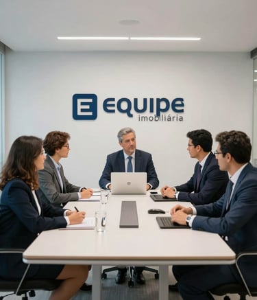 Equipe imobiliária em reunião em um escritório corporativo moderno e iluminado em uma cidade Sul-Americana / Brasileira, estética limpa com cores azul acinzentado e branco.