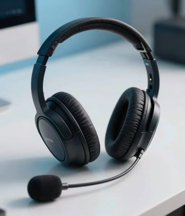 Close-up de um headset profissional de alta qualidade com microfone, descansando sobre uma mesa de escritório moderna com tons de azul acinzentado e branco gelo, ambiente Sul-Americano / Brasileiro, luz natural suave.