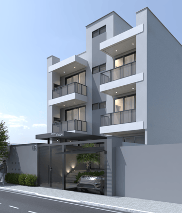 a modern apartment building with a car parked in front of it