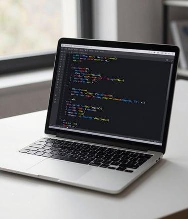 A sharp, high-resolution photograph of a high-end laptop screen displaying clean lines of CSS code. The device sits on a minimalist desk in a bright, modern Northamptonshire office. Natural window light creates a soft glow on the silver metal. Style is professional, realistic, and authentically British.