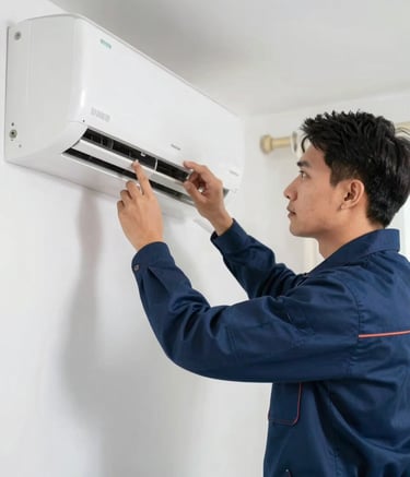 A professional AC technician in a clean navy blue uniform (#1A202C) carefully inspecting a modern white split AC unit mounted on a wall. Bright, clean indoor lighting, projecting expertise and precision. The scene is set in a contemporary Noida apartment.