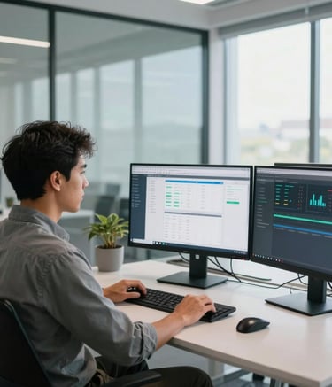 A professional South American software engineer working in a bright, modern office with glass windows, using multiple monitors displaying data management dashboards, clean and minimalist environment.