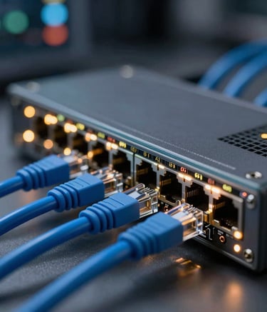 Macro photography of a high-speed networking switch with blinking lights and blue ethernet cables, conveying speed and connectivity in a professional Brazilian IT environment.