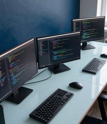 A high-angle shot of a clean, modern workspace with multiple screens displaying code. The lighting is soft and natural. The room features a deep blue accent wall and a light ice blue desk, reflecting a sophisticated and innovative atmosphere.