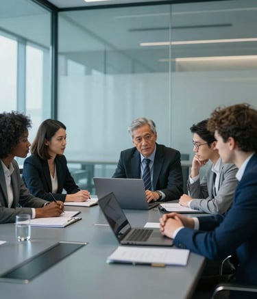 A diverse group of IT professionals in a sleek, glass-walled conference room. They are engaged in a professional discussion over a slim laptop. The environment is lit with bright, cool light, incorporating slate blue and dark navy tones.