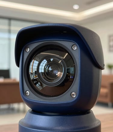 A detailed macro shot of a sophisticated dome camera lens reflecting a secure office environment. The camera body is a matte dark blue with high-quality finishes, set against a blurred background of a modern Indian home interior, professional lighting.