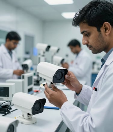A high-tech cleanroom in India where technicians in white coats are assembling modern white CCTV cameras. The lighting is bright and clinical, emphasizing precision and global standard quality assurance.