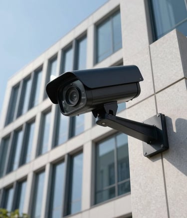 A low-angle shot of a sleek, black bullet security camera mounted on a modern South Asian corporate office building. The architecture features clean lines and glass, with a clear blue sky in the background, daytime photography.