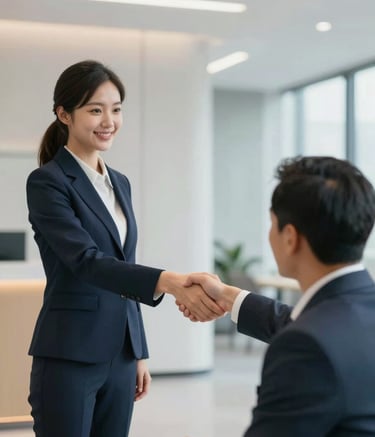 A professional recruitment agent shaking hands with a candidate in a modern corporate office lobby. The atmosphere should be confident and approachable, reflecting trust and success, incorporating brand colors like dark blue, light gray, and beige.