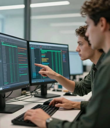 A close-up side view of two colleagues in a modern US office environment, reviewing complex data on large computer monitors. The lighting is crisp and clear, highlighting a sense of efficient expertise with Dark Green and Steel Blue tones.