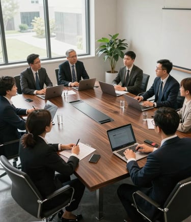 A high-angle, wide-angle shot of a bright, modern North American board room. A group of professionals in professional attire are engaged in a strategy meeting around a large dark wood table. Soft natural light from large windows. The scene exudes sophisticated collaboration and strategic intelligence.