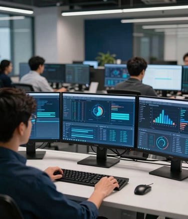 A perspective shot from behind a professional at a workstation with multiple displays showing analytical data in a North American tech hub. In the background, other team members are collaborating in a modern office space. Lighting is crisp with Steel Blue and Dark Blue accents.