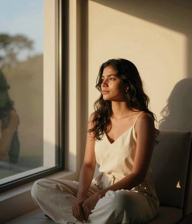A serene photography of a Latin American woman in a contemplative and peaceful pose, sitting in a modern minimalist room with golden light streaming through a window, reflecting a mystical and sophisticated atmosphere.