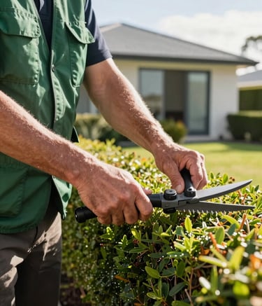 A close-up shot of a professional landscaper's hands precisely trimming a hedge in an Oceanic / Australian (Victoria) garden. The person is wearing a leaf green utility vest, and the background shows a clean, modern suburban home under bright afternoon sun.