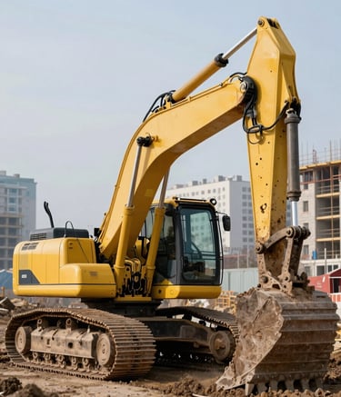 A powerful yellow crawler excavator digging earth at a modern construction site in an Eastern European / Russian city. The machinery looks robust and well-maintained. Background shows urban development under a pale ice blue sky.