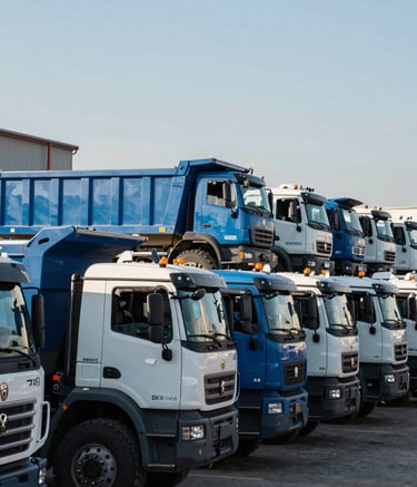 A wide shot of a professional industrial vehicle lot in an Eastern European / Russian setting. Rows of brand new, heavy-duty construction trucks and dumpers in steel blue and white are lined up neatly under a clear sky. Professional architectural photography style.