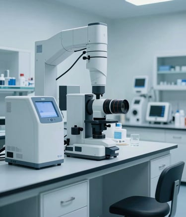 A wide-angle professional photograph of a modern North American / US medical laboratory with clean white surfaces, featuring high-end diagnostic equipment and soft lighting in pale blue and medium blue tones.
