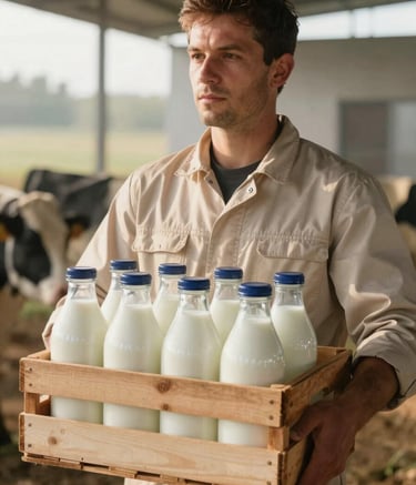 A professional dairyman in a clean warm beige uniform holding a wooden crate of fresh glass milk bottles, early morning sunlight, soft off-white and muted taupe brown tones.