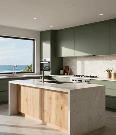 A wide-angle professional photograph of a stunning, modern kitchen in an Oceanic / New Zealand residence. Features include a clean white stone island, light timber accents, and sophisticated olive green cabinetry under soft, natural sunlight.