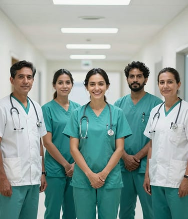 A professional group of healthcare workers in teal and white uniforms standing in a bright, modern hospital corridor in South America. The composition is clean and organized, with soft overhead lighting and a reliable, trustworthy atmosphere.