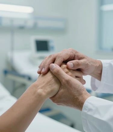 Close-up photography of a healthcare professional's hands holding a patient's hand with compassion in a brightly lit, modern Brazilian hospital room. The aesthetic is professional, clean, and reassuring with soft light blue and white tones.