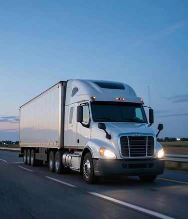 A sleek, modern semi-truck moving swiftly along a vast American highway during the blue hour. The sky is a beautiful steel blue and the truck's headlights are bright, conveying efficiency and reliability.