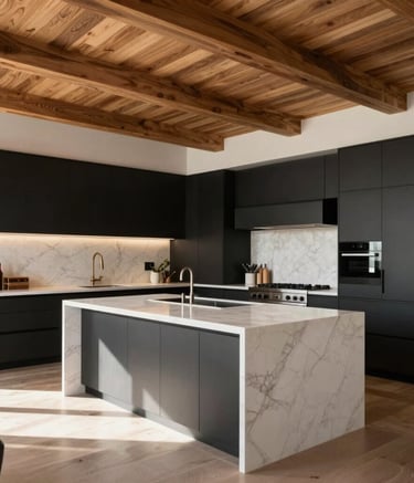 A wide-angle professional photograph of a sunlit high-end modern kitchen in a Los Angeles home. The space features a large white marble island, minimalist matte black cabinetry, and warm wood textures on the ceiling beams.