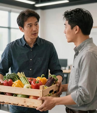 A candid photograph of two marketing professionals in a North American studio, discussing content strategy. One is holding a fresh crate of local produce. The lighting is bright and clean, with a sophisticated, down-to-earth atmosphere.