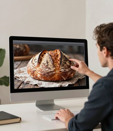 A professional photography shot from a North American studio, showing a digital marketing expert reviewing a high-resolution photo of a rustic sourdough bread on a large monitor. The room is minimalist with Crisp Parchment walls and a Matte Forest Green plant in the corner, conveying a sophisticated yet approachable work environment.