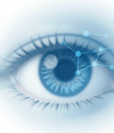 A sophisticated abstract digital pattern representing medical technology, featuring subtle ocular shapes and neural network nodes. The composition uses a clean, minimalist style with #346294 and #A0C4E2 tones on a light background, conveying a high-tech healthcare feel.