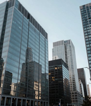A wide-angle shot of a modern city skyline featuring contemporary glass architecture, reflecting a sense of global reach and corporate stability, North American / International setting, mid-day lighting with a clear sky.