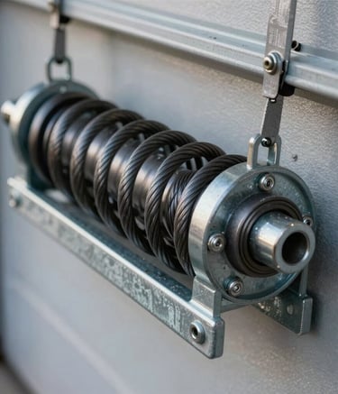 A close-up photograph of a heavy-duty steel garage door torsion spring and cable assembly, showcasing durability and professional maintenance. North American / Canadian home hardware.