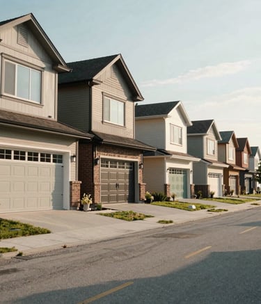A wide angle shot of a clean, modern residential street in Orangeville, Ontario, during a bright afternoon. North American / Canadian architecture with varied high-quality garage doors visible.