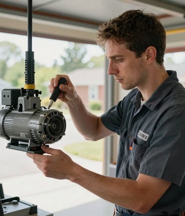 A professional technician in a clean uniform inspecting a garage door opener motor in a well-lit residential garage. North American / Canadian setting with a focus on reliability and quality tools.