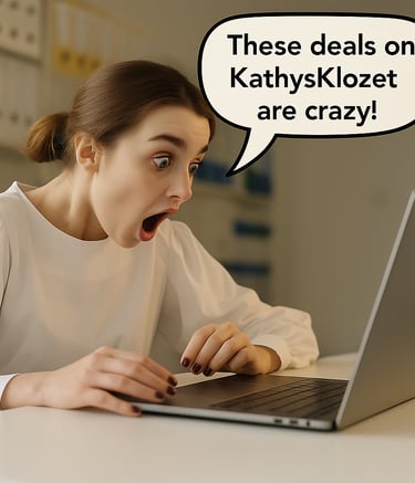 Surprised woman using laptop to find crazy online shopping deals at KathysKlozet.