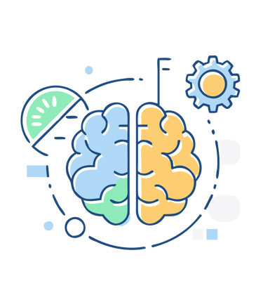 A colorful brain icon with gears and shapes representing logic, creativity, and cognitive function.