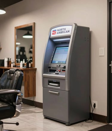 A professional wide-angle shot of a busy North American barbershop interior with a sleek, silver and charcoal gray ATM machine positioned in the corner. The lighting is warm, inviting, and high-quality.