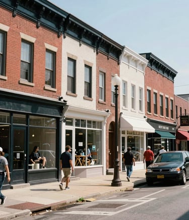 A high-quality, street-level photograph of a vibrant urban neighborhood in Philadelphia, showing clean North American storefronts and a bustling community atmosphere under bright daylight.