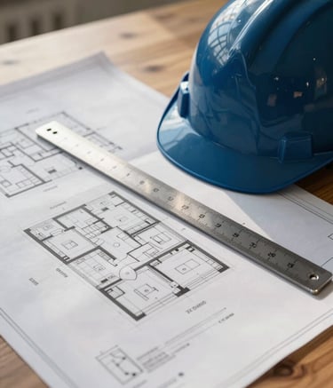 A close-up of professional architectural blueprints spread out on a wooden table, with a dark blue hard hat and a silver scale ruler resting on them, soft morning light in a Northern European office.