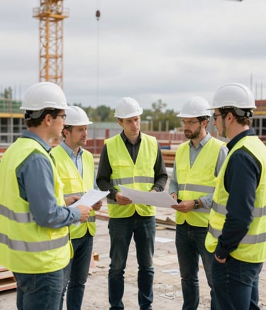 A group of professional project managers and site foremen in smart-casual attire and safety vests standing on a construction site, discussing plans, Northern European setting, daylight.