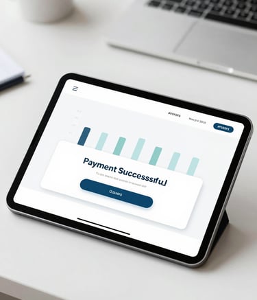A high-angle shot of a clean desk where a tablet displays a streamlined bill payment interface with simple graphs and a 'Payment Successful' confirmation. The environment is organized and professional, featuring tones of #F0F5F5 and #2D545E, conveying simplified financial management and modern efficiency.