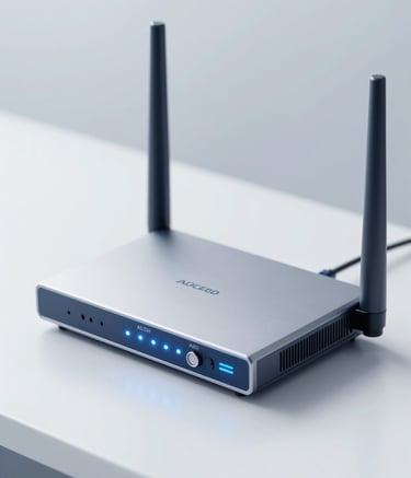 A minimalist close-up of a sleek high-speed fiber-optic router glowing with soft status lights, placed on a polished white surface. The atmosphere is professional and reliable, using a palette of #ADC8CD and #0A192F to suggest high-tech efficiency and streamlined connectivity.