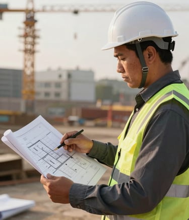 A professional construction management scene showing an Indigenous professional in a white hard hat and safety vest reviewing architectural plans on a site. Clean, modern aesthetic with soft morning light. Palette includes #1A1A1A and #A89F95.
