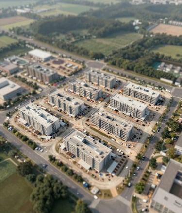 A sophisticated aerial view of a land development project site, showing clean architectural lines and organized construction zones against a natural landscape. Professional photography style featuring colors #524B43 and #EAE0D0.