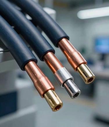 A close-up, sharp photography of premium quality copper and aluminum industrial network cables. The scene is set in a modern, clean technician's facility in a Middle Eastern / Gulf industrial park. The lighting is focused and clear, highlighting the textures of Charcoal Blue and Midnight Navy insulation. High-tech and professional atmosphere.